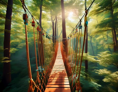 rope adventure park in the summer forest abstract concept overcoming obstacles and reaching heights