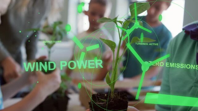 Child placing seedling into tray, causing green wind-turbine icons circling seedling for learning