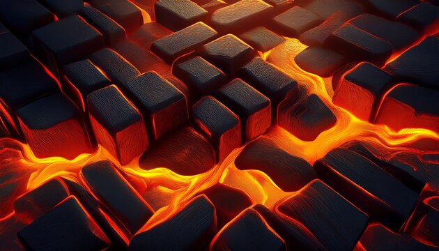molten orange liquid glowing between dark textured blocks lava flow pattern