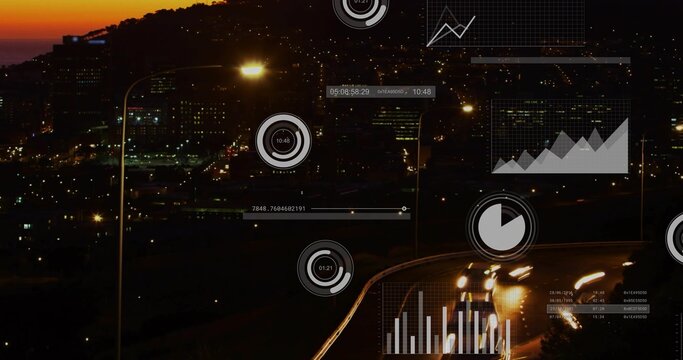 Curving highway carrying streaking vehicle lights through hillside city at dusk, with HUD overlays