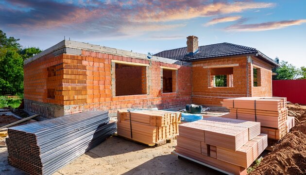 renovation projects building of extension of the existing house unfinished brick walls block work insulation stacks of materials on scaffoliding selective focus