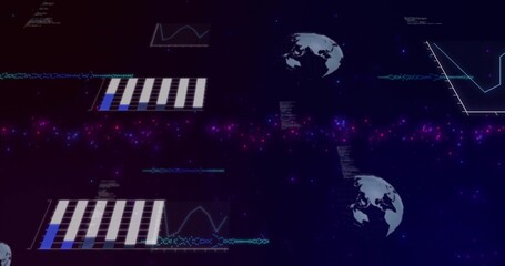 Fototapeta premium Displaying magenta band with striped bars and cyan waveforms in data dashboard with globe icons