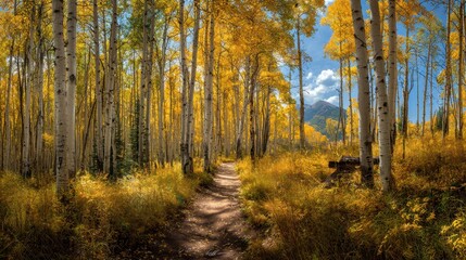 Fototapeta premium Tranquil trail through a golden aspen stand during autumn in the mountains