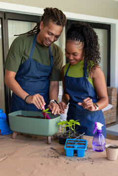 African American couple wearing dark denim aprons, planting seedlings on patio table with trowel