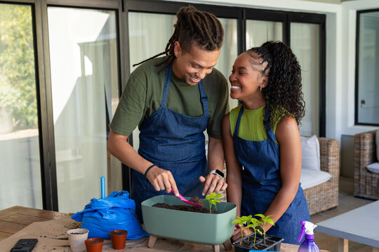 African American couple wearing blue aprons, potting seedlings on patio by glass doors with trowel