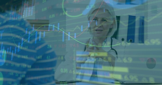 Explaining doctor in white coat gesturing to patient in clinic, with stethoscope, stock charts