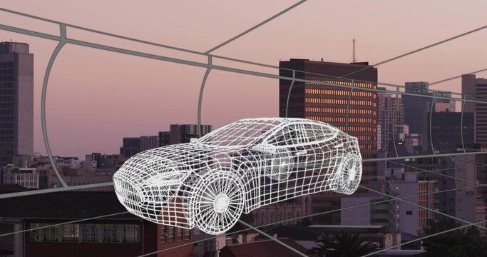 Floating white wireframe 3D sedan above downtown rooftop at dusk, with curved grid