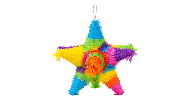 A colorful star-shaped pi&ntilde;ata hangs with a loop on transparent background