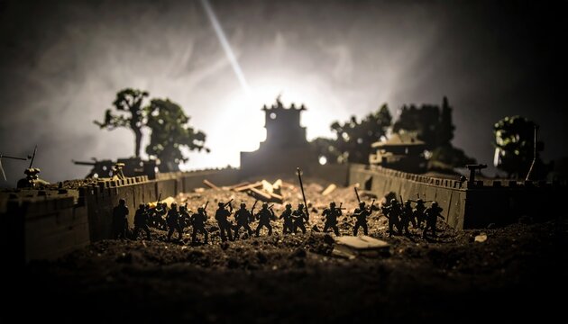 Miniature soldiers standing in a defensive formation before a silhouetted fortress, capturing the tension of historical warfare through a detailed and dramatic diorama setup.