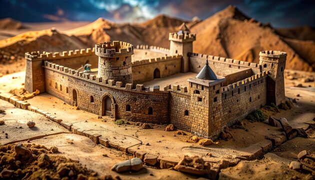 Intricate miniature resin castle model with realistic stone walls and towers set in a dry desert terrain landscape, capturing the essence of historical military defensive fortifications.