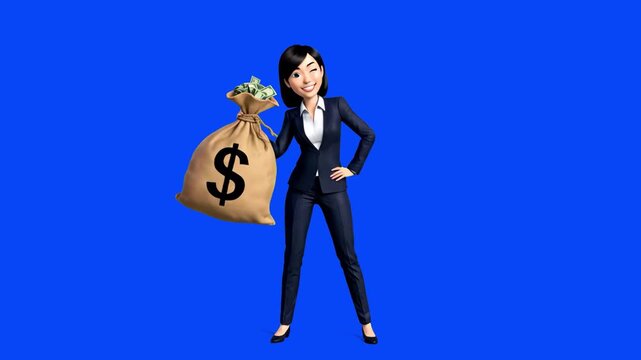 A 3D animated East Asian woman in a professional suit dancing with a heavy bag of cash. This high-energy character asset is designed for commercials about financial growth, betting wins, or corporate 