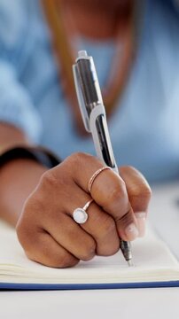 Woman, hand and writing in office with notebook, goal setting or idea planning for journalist story. Writer, person and journal notes in newsroom with agenda, task priority or inspiration for article