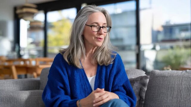 Engaged woman in blue sweater expressively conversing on modern sofa