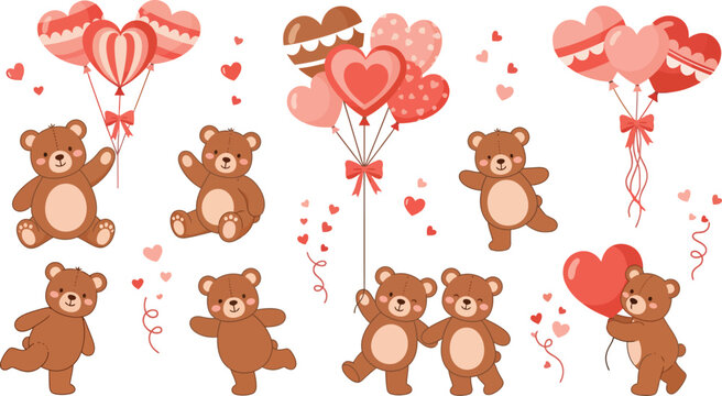 Adorable brown teddy bears holding heart shaped balloons on white background with confetti and hearts