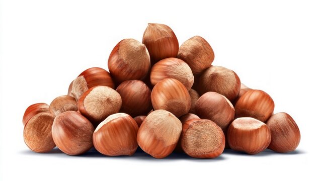 Pile of hazelnuts on white background. Artificial intelligence image