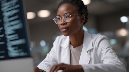Obraz premium Focused Professional: A dedicated professional, adorned in spectacles and a lab coat, meticulously focuses on a computer screen, embodying precision and diligence.