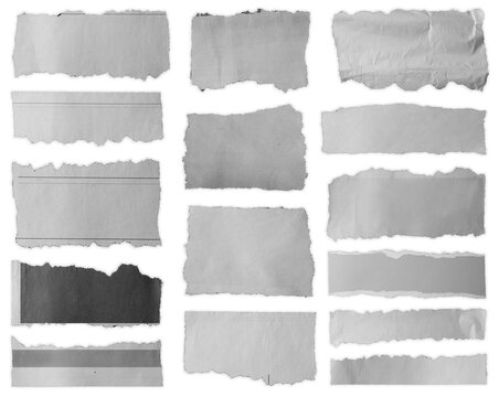 Fifteen torn pieces of paper isolated on white
