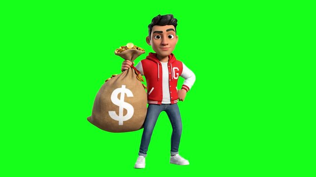 A 3D animated young man of Middle Eastern descent in a red jacket dancing with a heavy bag of cash. This high-energy character asset is designed for commercials about betting, finance, or big wins.