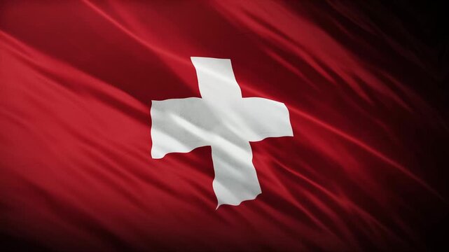 Switzerland National Flag Waving in Wind Close Up Red Background White Cross Swiss Country Banner Fabric Texture Seamless Loop