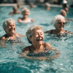 Fototapeta premium Joyful group of senior women enjoying water aerobics in outdoor pool under bright noon sun