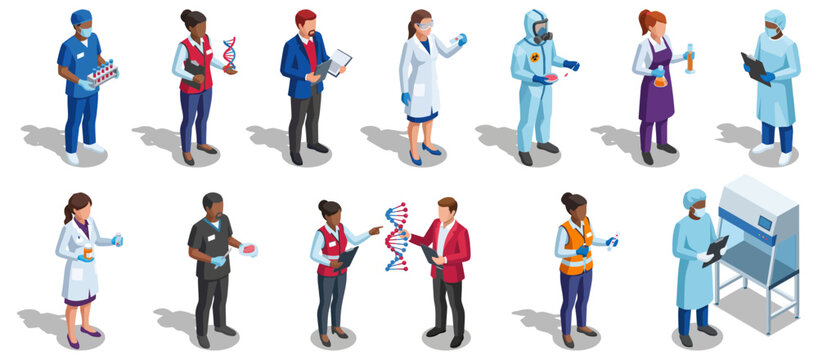 Set of isometric science and laboratory professionals | Collection of research scientists and medical technicians | Vector characters in lab environment