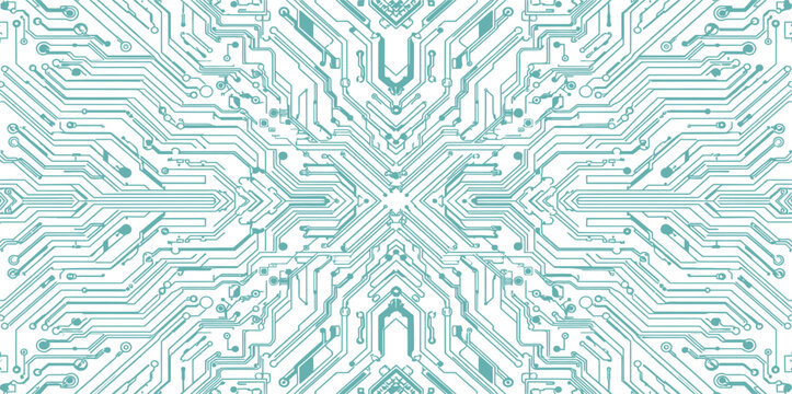 Circuit board pattern with symmetrical teal lines on white background resembling technology and electronics design