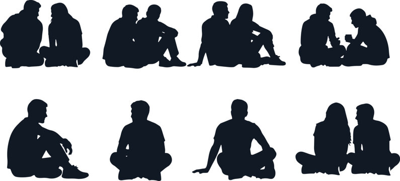Silhouettes of couples sitting together and talking casually outdoors.