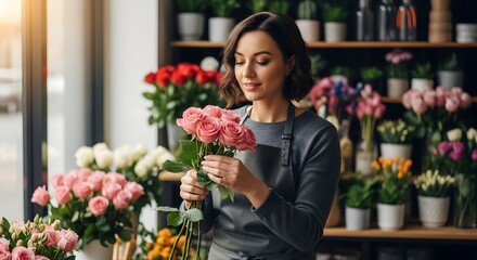Fototapeta premium Woman florist holding bouquet of rose in flower shop. Small business owner creating floral arrangement. Professional florist work, botanical retail and plant care for spring holiday.
