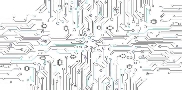 A complex circuit board design with various electronic components and wiring patterns on a white background