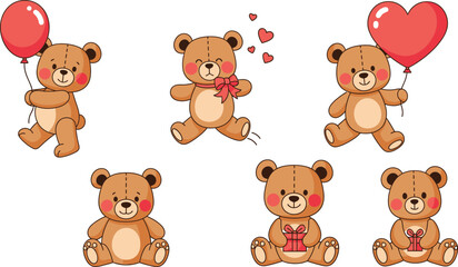 Obraz premium Six cute brown teddy bears with blush cheeks and valentine s day theme