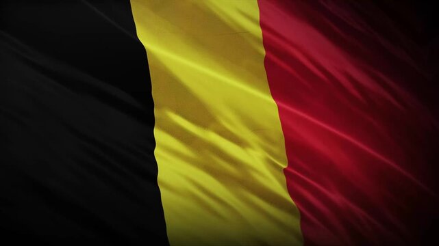 Belgium National Flag Waving in Wind Close Up Black Yellow Red Vertical Stripes Belgian Country Banner Fabric Texture Loop Background