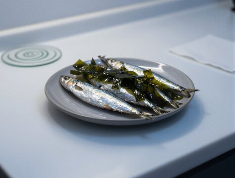 Fresh sardines plated with seaweed on kitchen counter