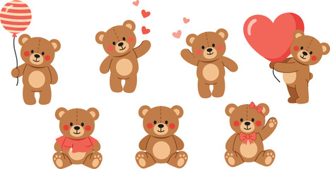 Obraz premium Adorable brown teddy bears in various poses with hearts and balloons on a white background for valentine s day or love theme