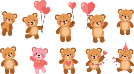 Obraz premium Set of cute cartoon teddy bears with hearts and balloons in various poses and colors on white background