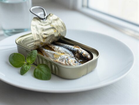 Opened sardine tin on plate beside bright window light on countertop