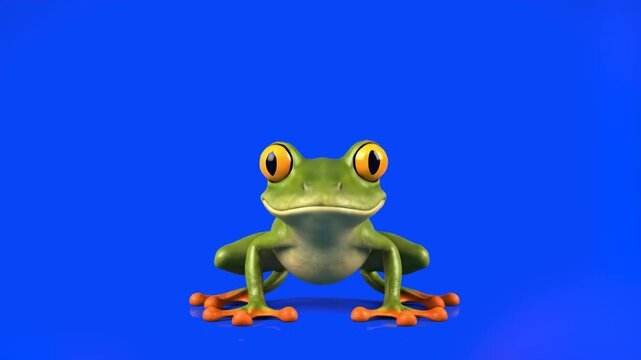 A detailed 3D animated green tree frog performing a jump. This high-quality animal action asset on a blue background is designed for compositing into nature documentaries, educational videos, or creat
