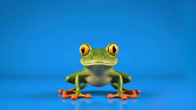 A detailed 3D animated green tree frog performing a dynamic leap or jump. This high-quality animal action asset on a solid blue screen is perfect for nature documentaries, biology lessons, and profess