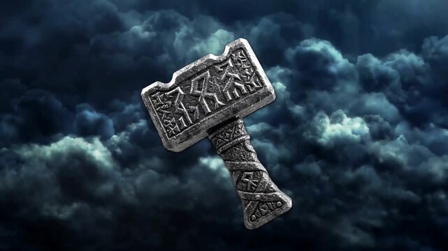 A detailed 3D model of a mythical Nordic hammer with intricate engravings, shown against a dark and dramatic background of thunderclouds and lightning atmosphere. This legendary weapon asset is perfec