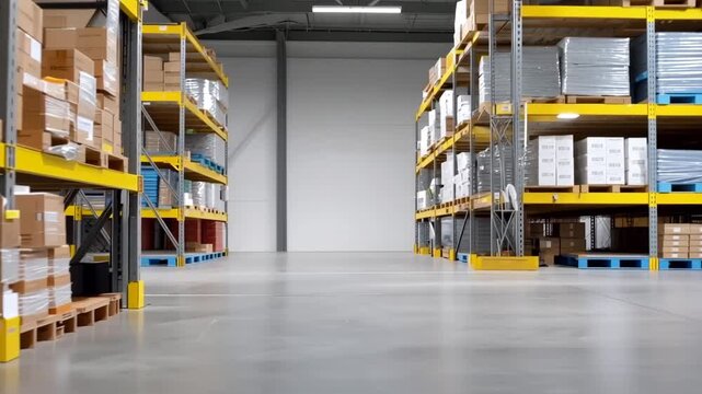 Expansive warehouse aisle with stacked cardboard boxes on industrial shelves
