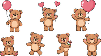 Obraz premium Cute brown teddy bears with pink balloons on white background for valentine s day or love concepts