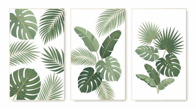 A triptych of minimalist botanical illustrations featuring various tropical green leaves on a white background.