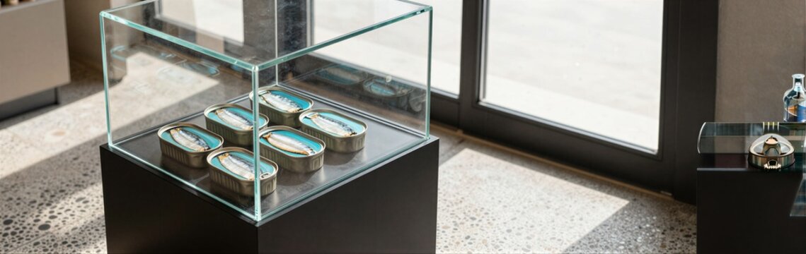 Tin cans displayed under glass case near storefront window