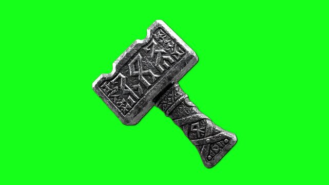 A 3D animated stone war hammer with carved Norse runes on its surface. This fantasy weapon asset on a chroma key background is ideal for gaming content, historical documentaries, or cinematic effects.