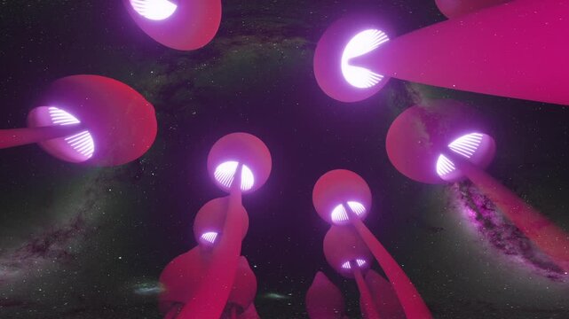 Rainbow colored magic mushrooms in outer space 3d seamless animation