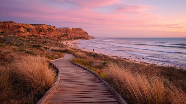 Silhouetted walkers on a sunset boardwalk near Port Willunga coast