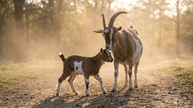 Goat baby shaking first steps mother guarding cinematic haze