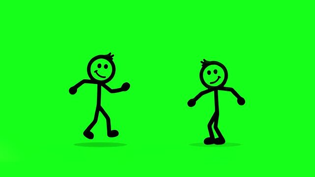 Simple 2D flat animation of two cheerful stick figures jumping simultaneously. This minimalistic asset on a chroma key background is ideal for explainer videos, social media content, and creative moti