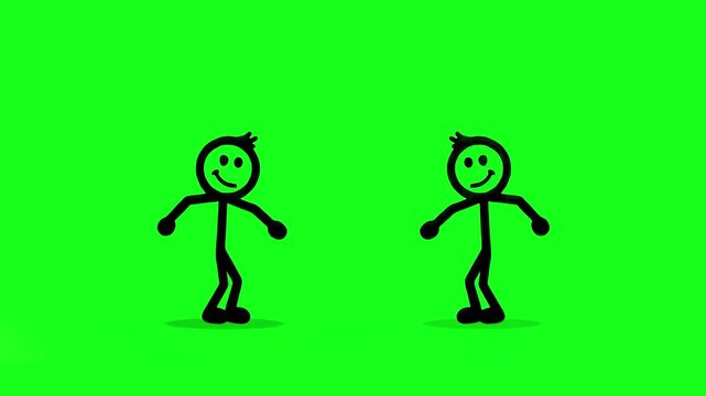Simple 2D flat animation of two cheerful stick figures jumping simultaneously. This minimalistic asset on a chroma key background is ideal for explainer videos, social media content, and creative moti