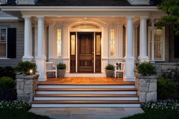 Obraz premium Luxurious front entryway with carved wood trim, columned doorway, and wooden deck