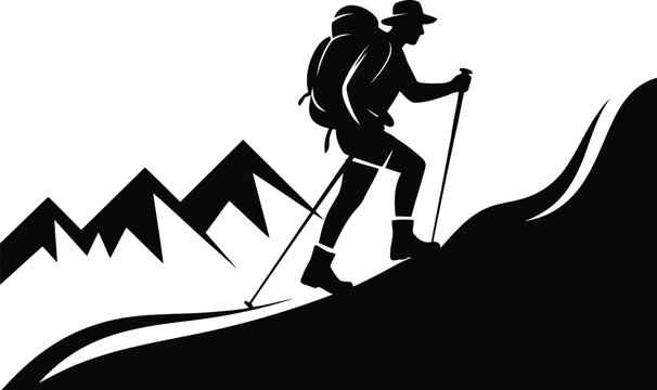 Adventurous hiker trekking up a steep mountain slope with a heavy backpack and walking poles silhouette